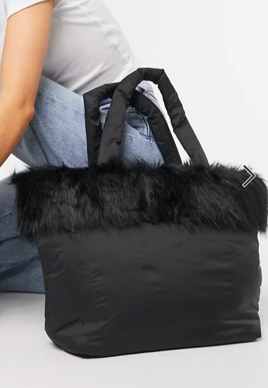 Monki Gunnel recycled faux fur tote bag in black