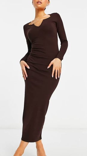 Missguided Petite midaxi dress with notch neck in brown