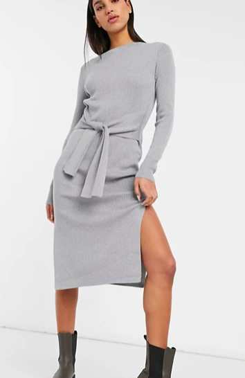 &amp; Other Stories tie waist knitted midi dress in gray melange