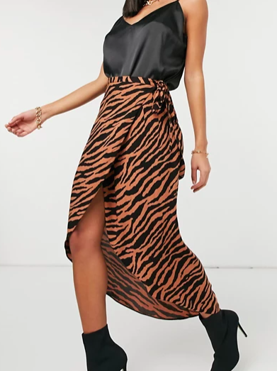 ASOS DESIGN wrap midi skirt in tiger print