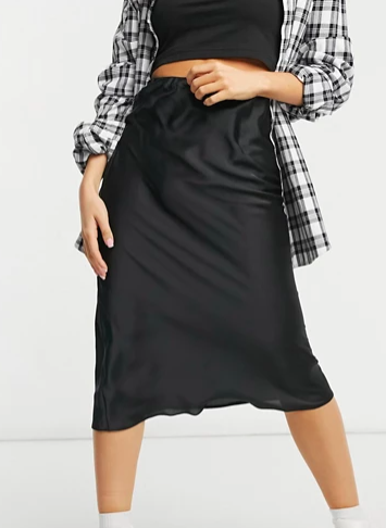 ASOS DESIGN Petite satin bias slip skirt in black