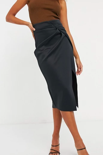 ASOS DESIGN wrapped scuba midi pencil skirt in black