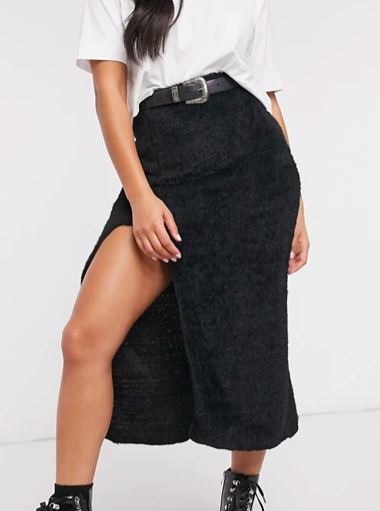 ASOS DESIGN fluffy midaxi skirt with thigh slit detail in black