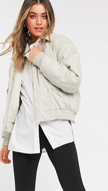 ASOS DESIGN leather look padded bomber jacket in putty