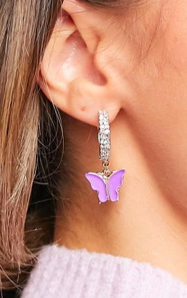 ASOS DESIGN hoop earrings with purple butterfly charm in gold tone