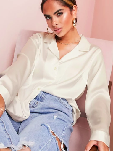 ASOS LUXE relaxed satin long sleeve shirt in oyster