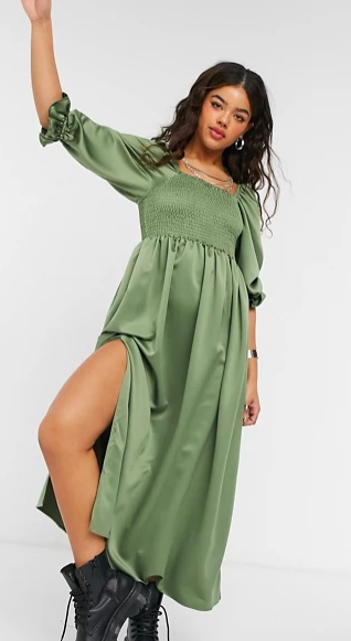 ASOS DESIGN shirred satin maxi dress in khaki