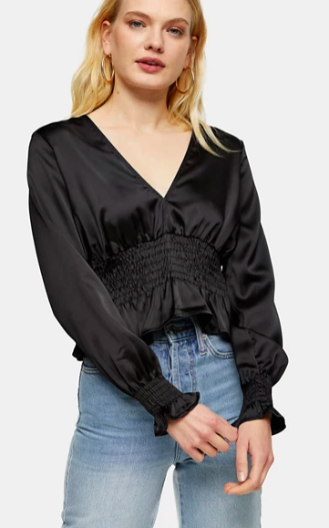 Topshop satin shirred waist blouse in black