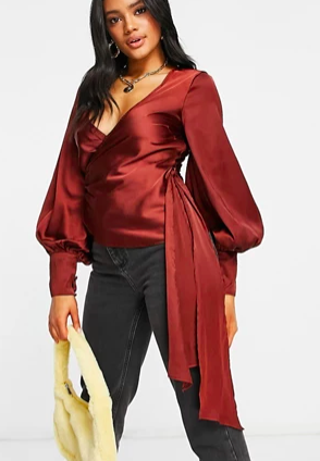 ASOS DESIGN satin wrap top in copper