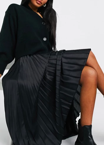 ASOS DESIGN Petite satin pleated midi skirt in black