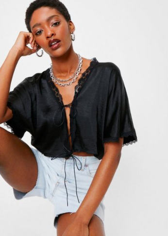 Nasty Gal Satin Lace Cropped Tie Blouse