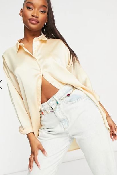 Missguided oversized satin shirt in beige