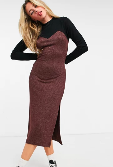 ASOS DESIGN super soft midi dress with long sleeves in contrast brown and black