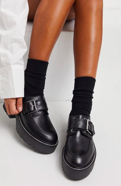 ASOS DESIGN Madie premium leather lace up flat shoe in black