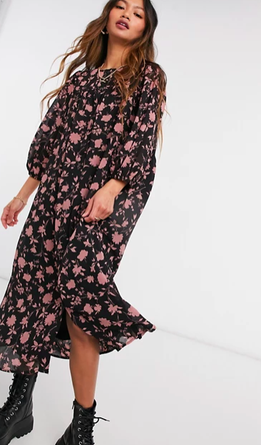 Vero Moda floaty midi dress with side slit in black floral