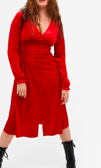 Monki Louisa long sleeve velvet midi dress in red