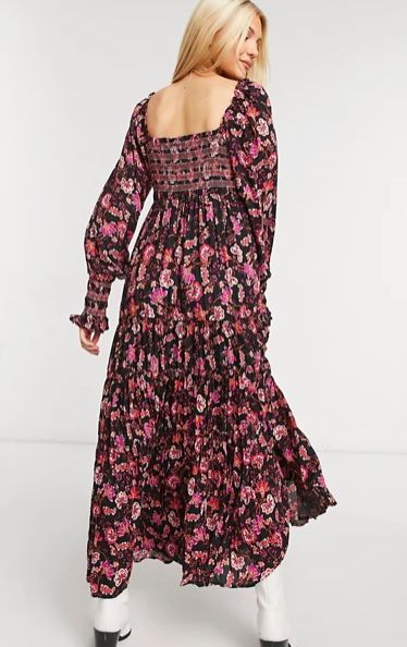 Free People Sweet Escape shirred puff sleeve maxi dress in black