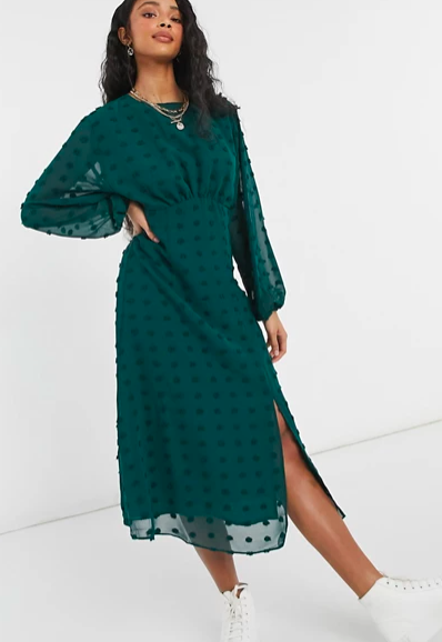 ASOS DESIGN midi tea dress with batwing sleeve in textured polkadot in forest green