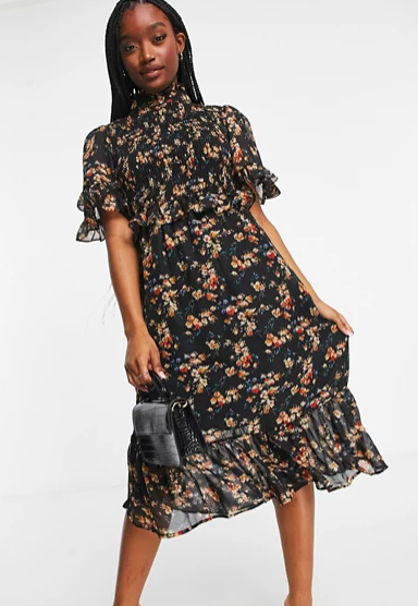 Missguided midi dress with high neck in black floral