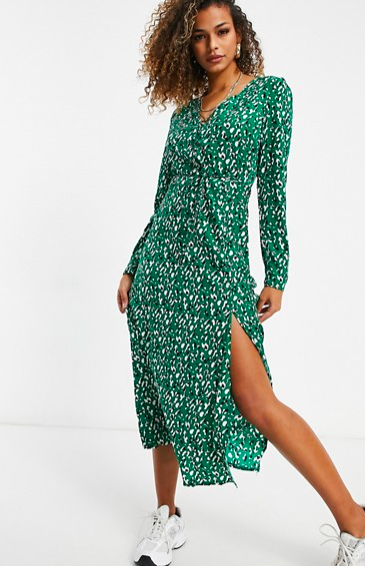 Missguided midi tea dress with long sleeve in green leopard