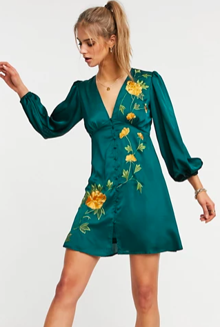 ASOS DESIGN button through satin mini tea dress with trailing embroidery