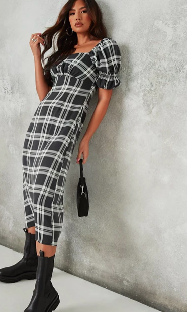 Missguided midi dress with puff sleeve and ruched detail in black check