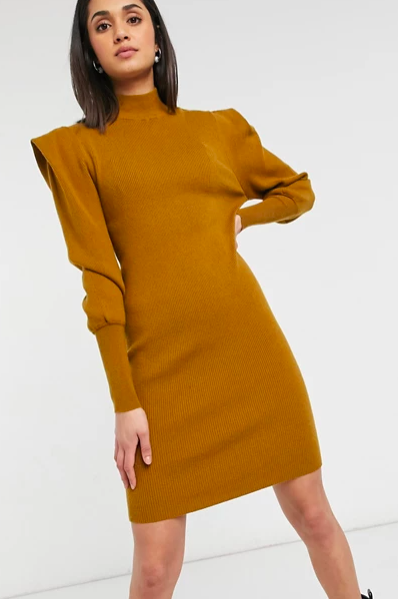 Vila high neck knitted dress with shoulder pads in mustard