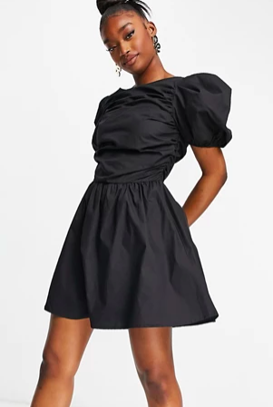 Missguided poplin skater dress with puff sleeve in black