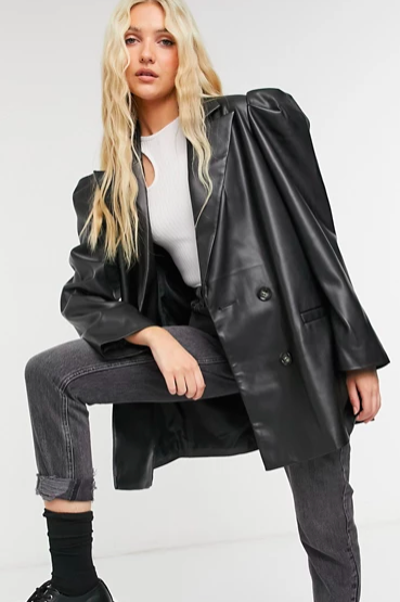 ASOS DESIGN leather look jacket with extreme sleeve in black