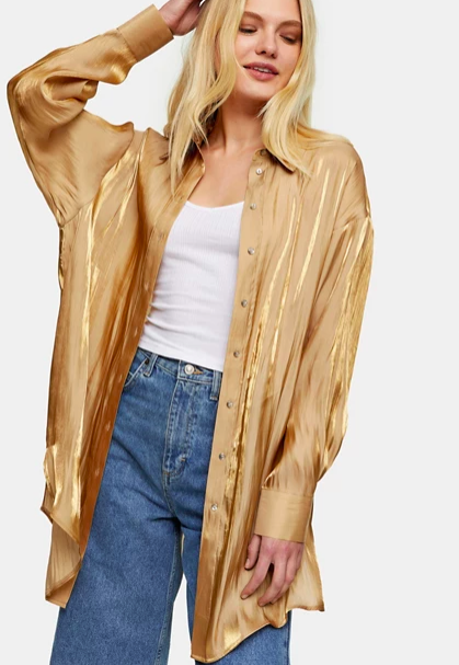 Topshop oversized satin shirt in gold