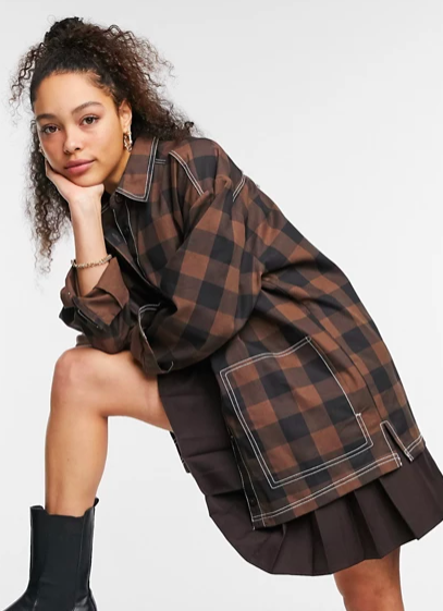 COLLUSION oversized coordinating shirt in brown check