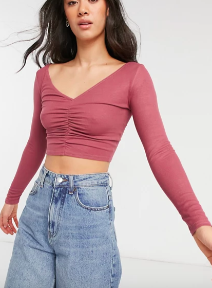 ASOS DESIGN top with v-front and back and ruching in burgundy