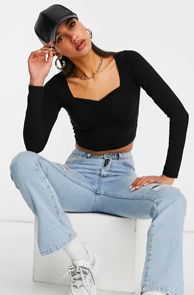ASOS DESIGN square neck crop top with ruched front in black