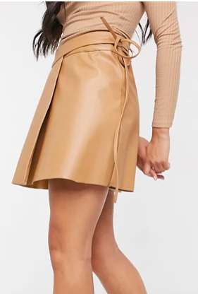 ASOS DESIGN leather look wrap mini skirt with tie detail in tan
