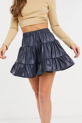 ASOS DESIGN leather look tiered mini skirt in petrol blue