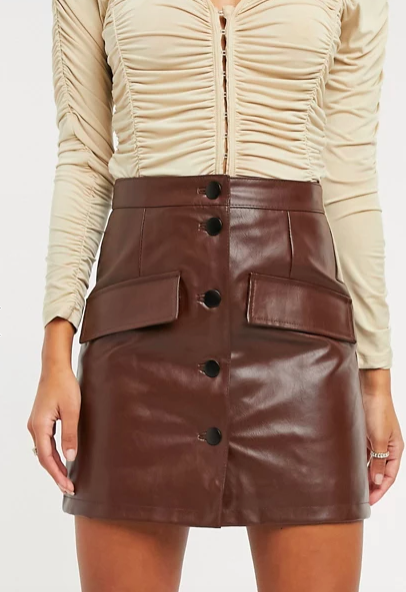 ASOS DESIGN leather look button through mini skirt in brown