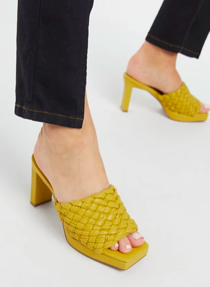 ASOS DESIGN Honey platform mid heeled sandals in mustard