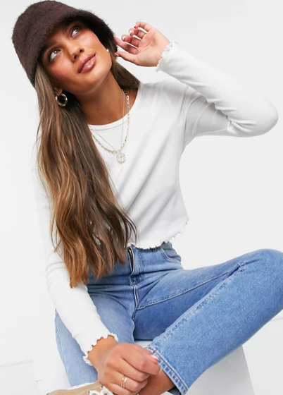 ASOS DESIGN Petite slim fit long sleeve crop top with lettuce edge in white