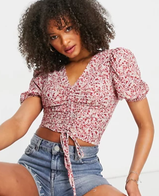 Missguided ruched crop top with puff sleeves in red flirty floral