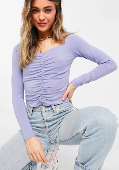 Monki Monika organic cotton ruched front long sleeve top in light blue