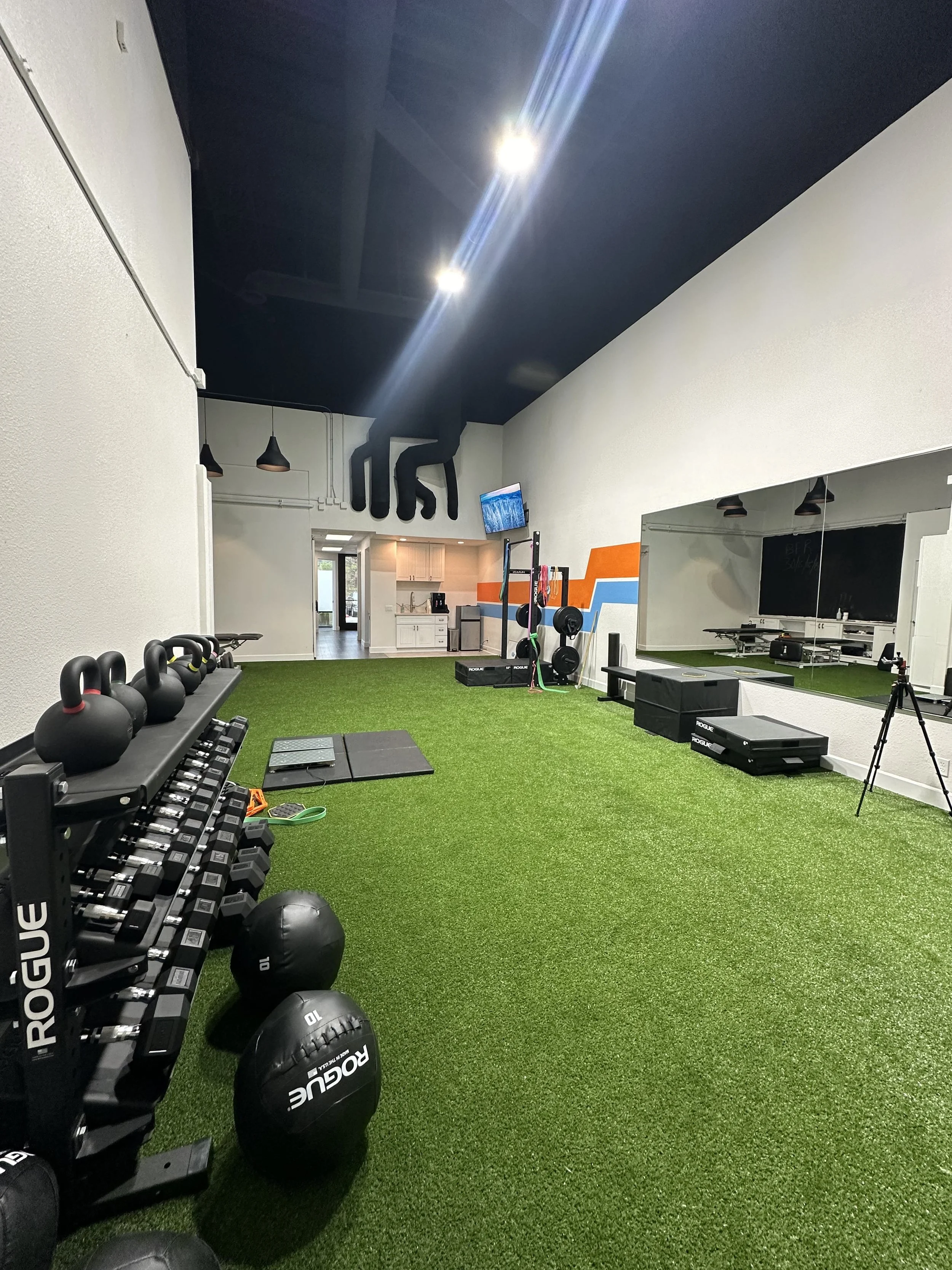 A modern indoor gym with artificial green turf flooring, black kettlebells, medicine balls, weight plates, mirrors, and exercise equipment, including a squat rack and foam boxes. The ceiling is black with bright overhead lighting, and a TV is mounted on the wall.