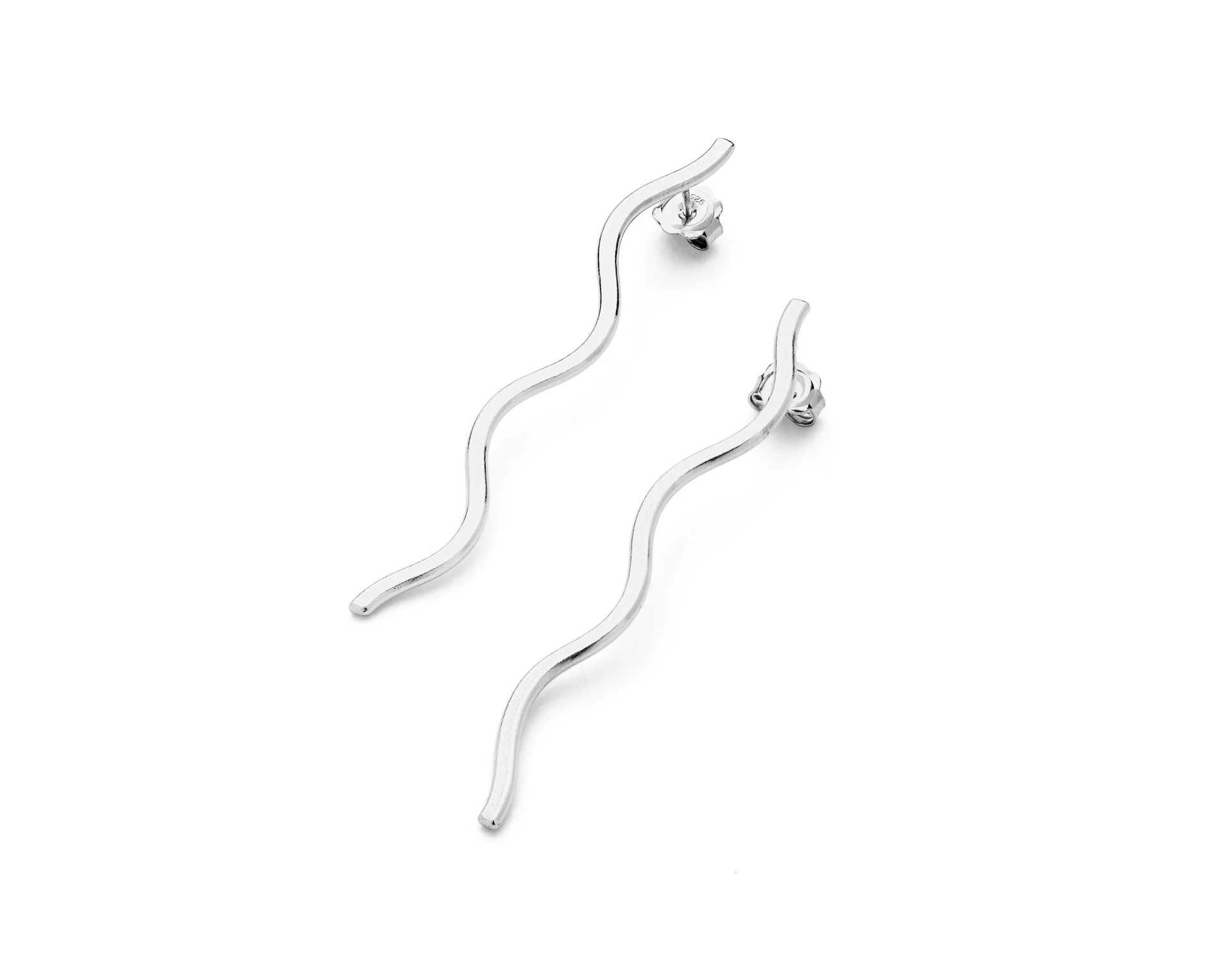 Long wave earrings in silver. By Heather Woof Jewellery.
