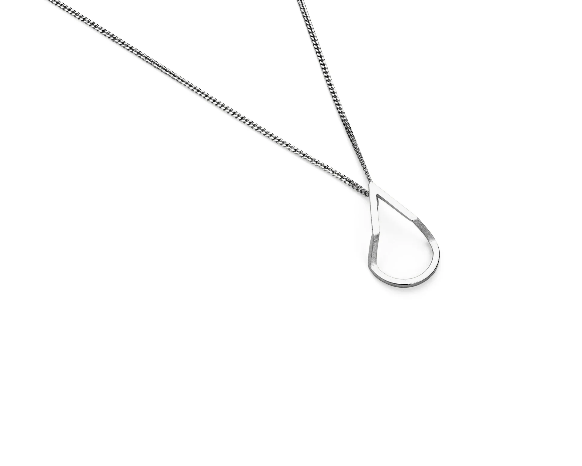 Geometric Teardrop pendant in silver. Available in 16" and 18". By Heather Woof Jewellery.