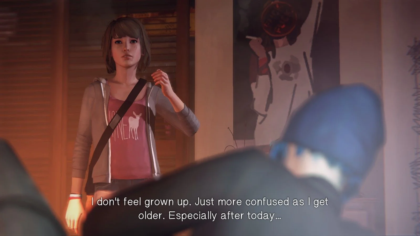 A screencap of Max and Chloe talking, with the text: "I don't feel grown up. Just more confused as I get older. Especially after today..."