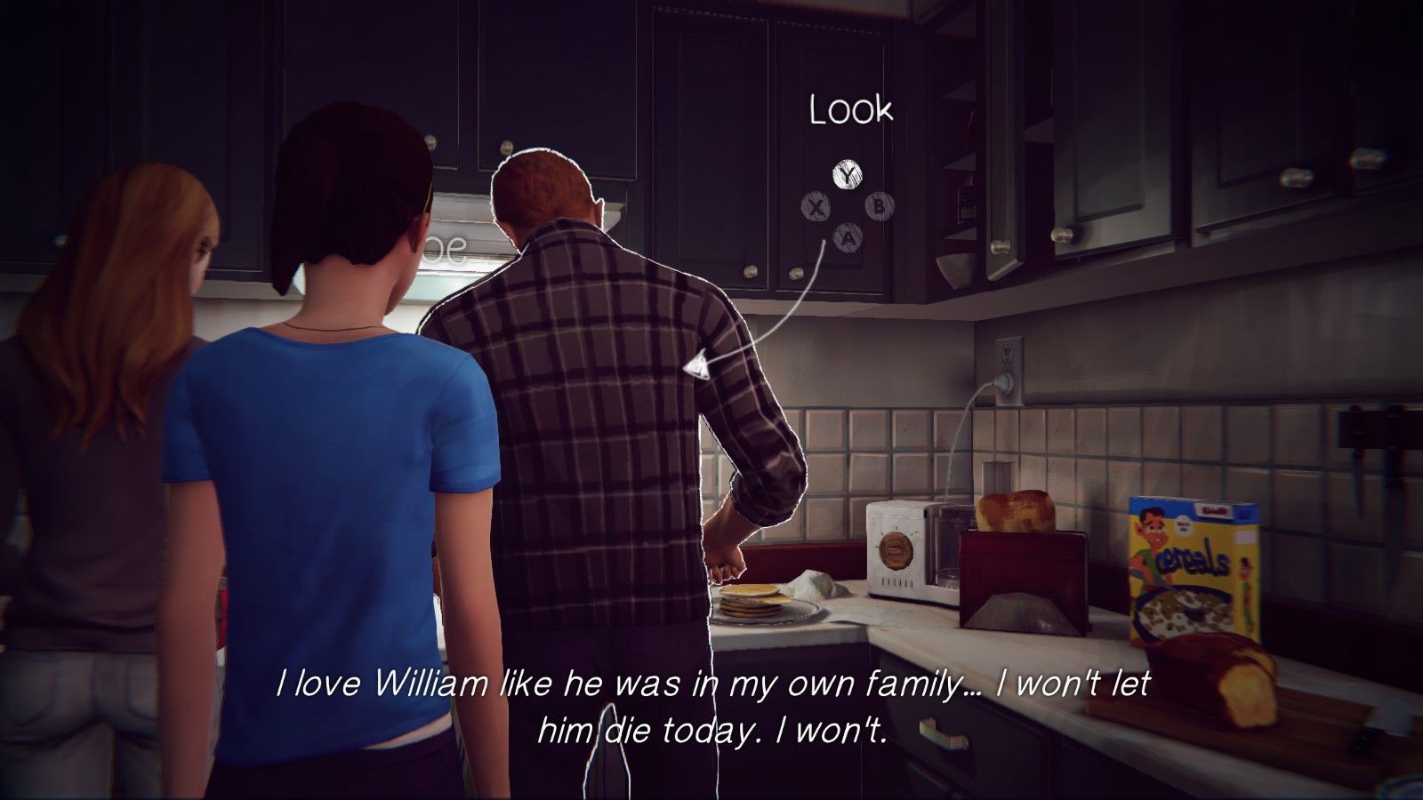 A screencap of young Max looking at William and Chloe, with the text: "I love William like he was in my own family... I won't let him die today. I won't."