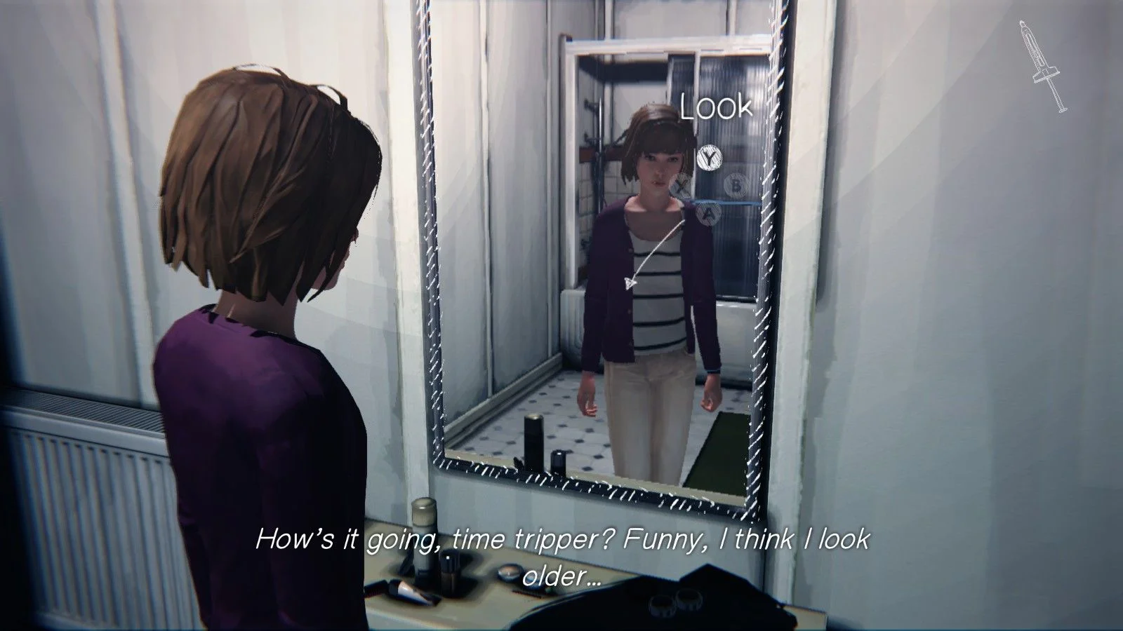 A screencap of Max looking into a mirror, with the text: "How's it going, time tripper? Funny, I think I look older..."