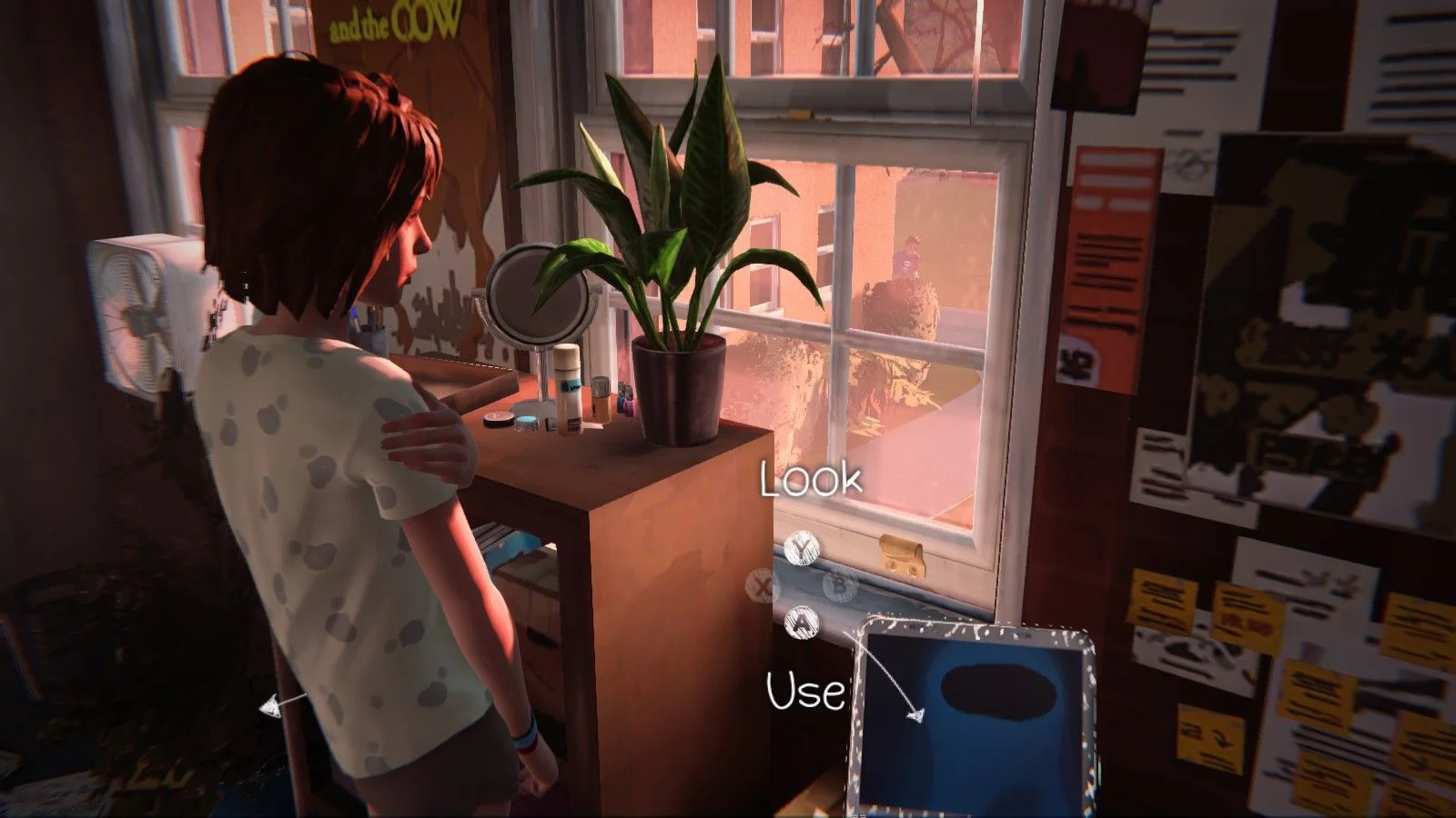 A screencap of Max looking out her window in the morning, showing Warren creepily peering around a corner and looking up into her room.
