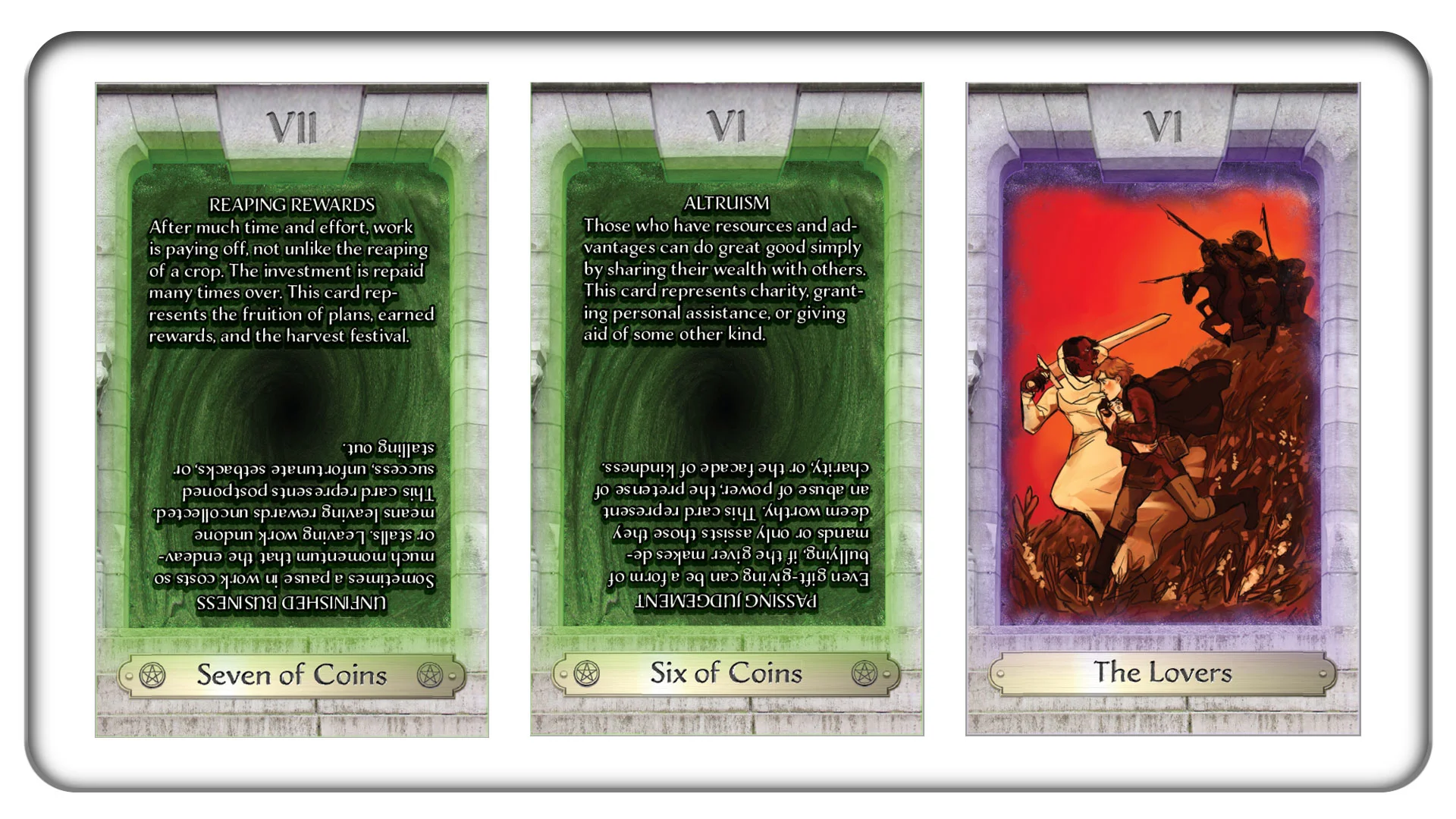 The Seven of Coins, the Six of Coins, and The Lovers.