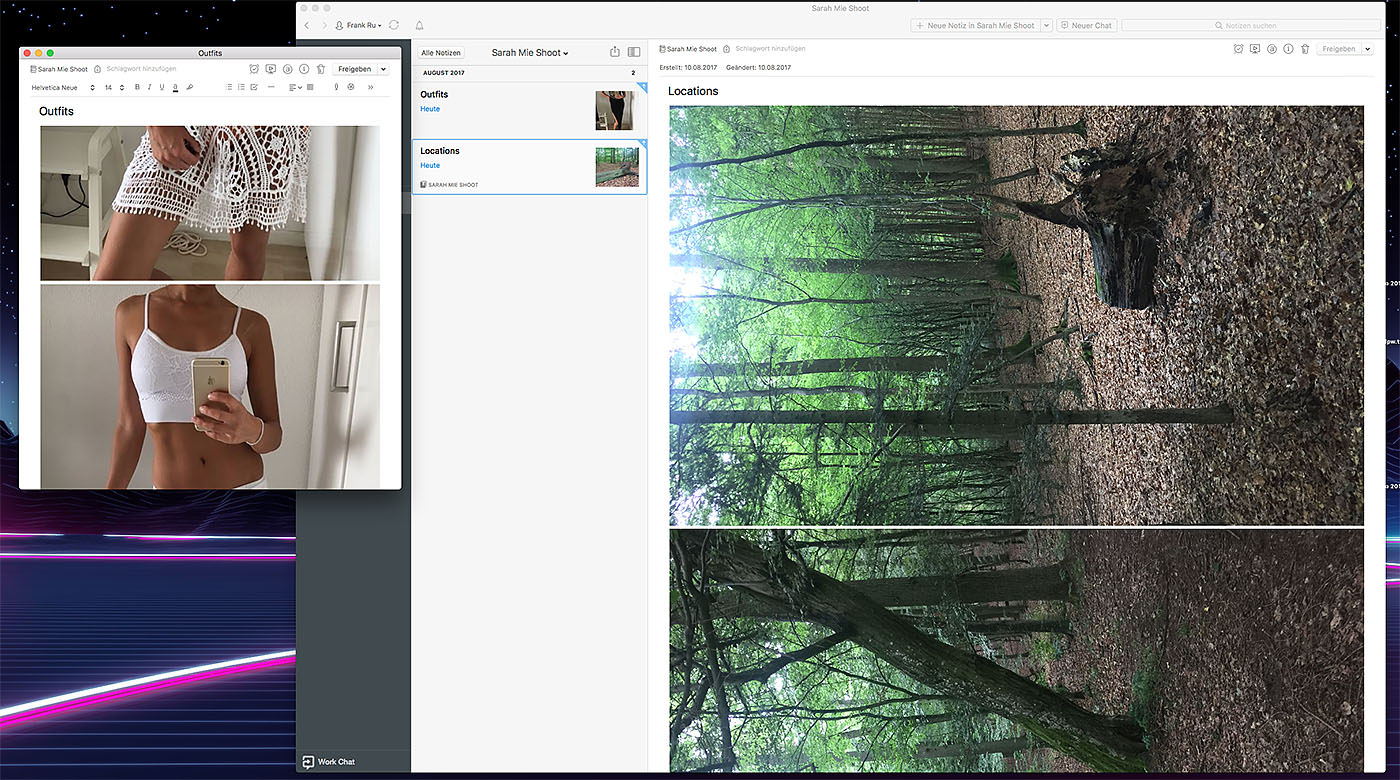 Screenshot meines Evernote-Notizbuches für das Fotoshoot mit Sarah im Wald