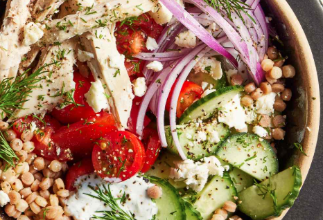 May 26th: Mediterranean Seasoned Chicken Breast and Israeli Couscous Bowl with Kale, Hummus, Tomato, Cucumber, Sweet Potato, Feta, and Spicy Tahini (on the side)